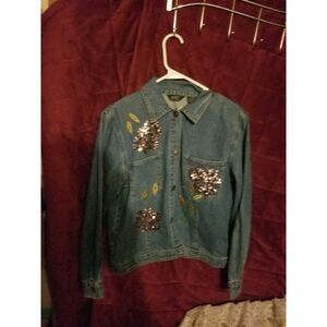 Acapo size small sleeveless blue denim dress ;sequined and embroidered flowers o